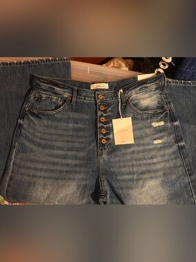 KanCan Medium Blue High-Rise Button-Fly Distressed Jeans